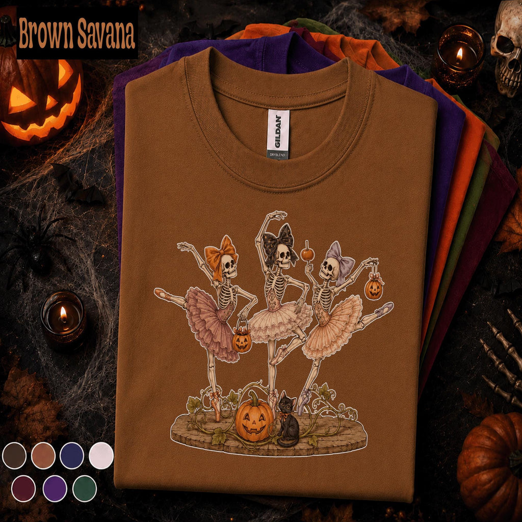 Skeleton Ballerina Halloween Shirt, Dancing Skeleton Ballet Tee, Coquette Spooky Season T Shirt, Cute Pumpkin Halloween Gift for Dancers