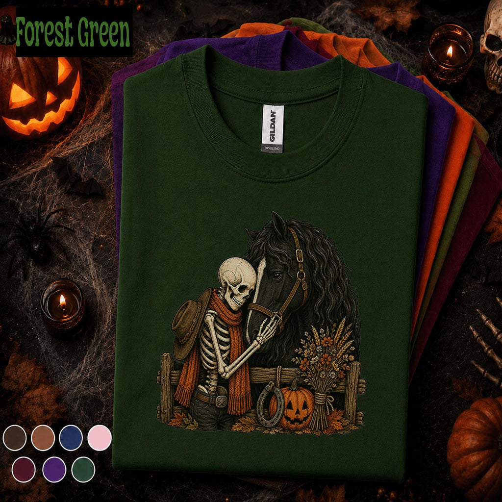 Skeleton Horse Halloween Shirt, Spooky Equestrian Tee, Western Cowboy Skeleton Gift, Black Horse Pumpkin Fall Rider Gothic Shirt Tee