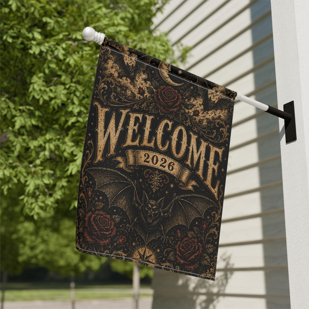 Gothic Bat Halloween Garden Flag, Welcome 2026 Moon Rose Yard Decor, Vintage Witchy Outdoor Flag, Spooky Victorian Halloween Porch Decor