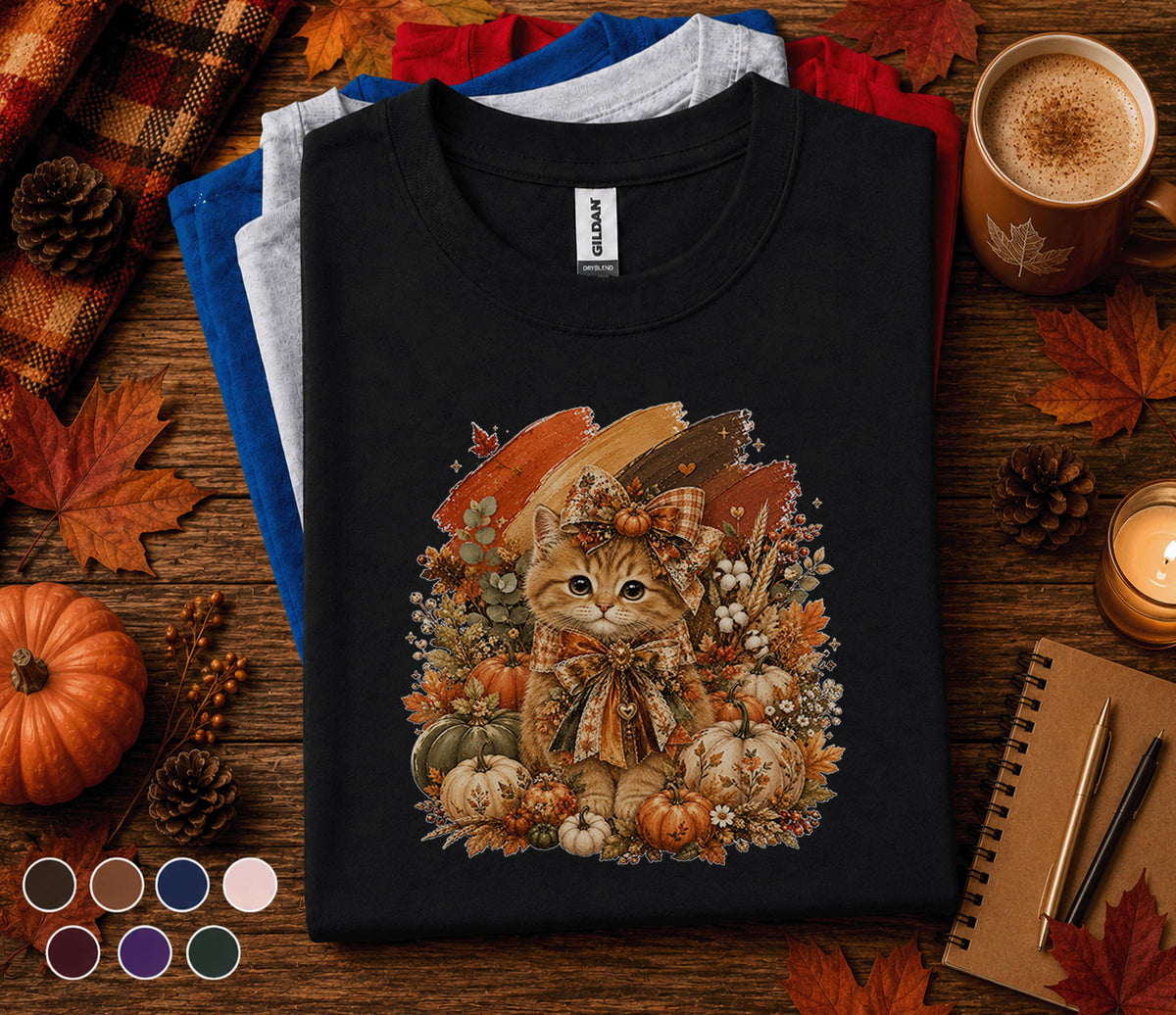 Cute Fall Kitten Shirt, Autumn Pumpkin Cat Tee, Cozy Cottagecore Kitty T-Shirt, Thanksgiving Cat Lover Gift, Harvest Season Outfit for Women