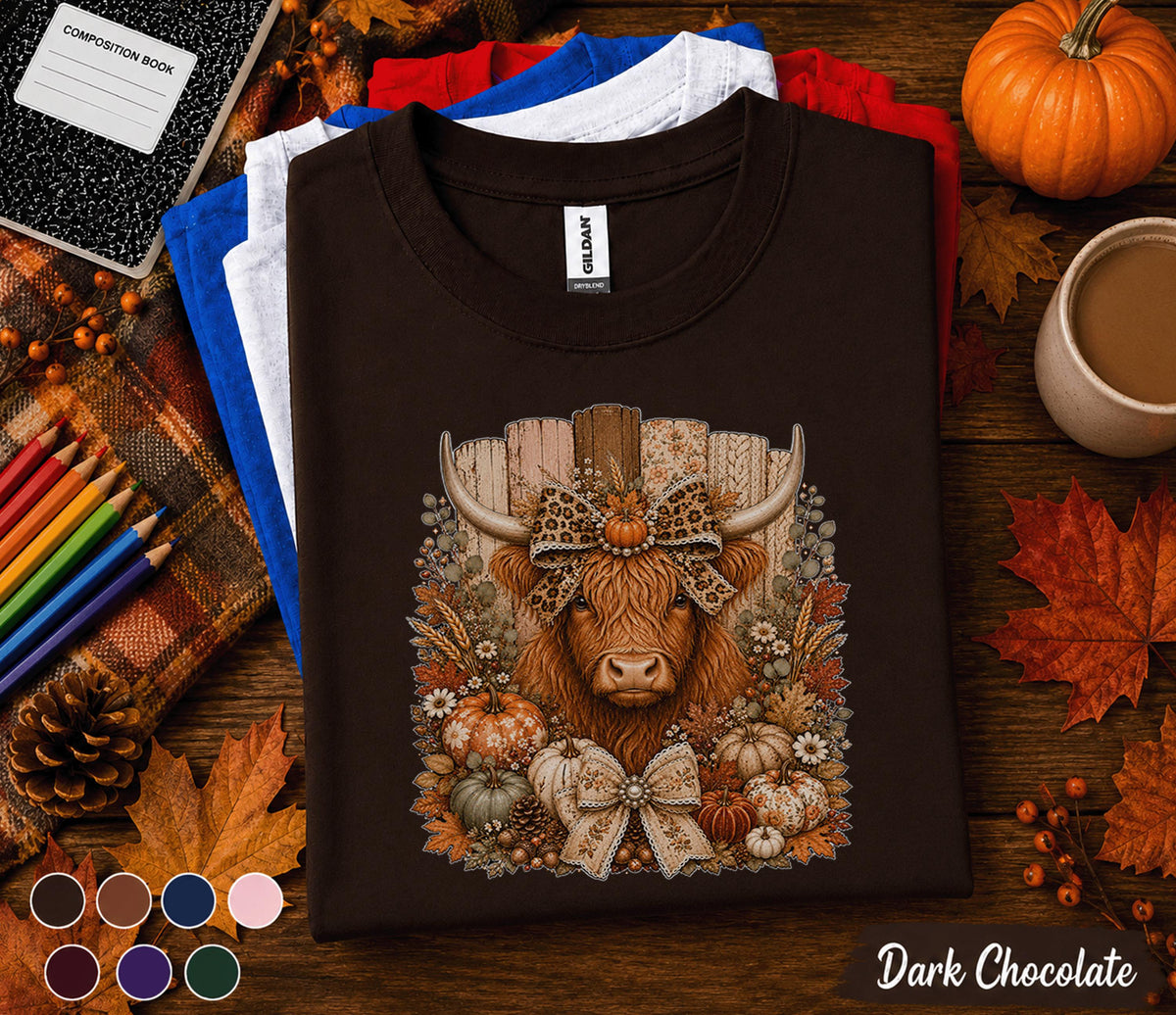 Highland Cow Fall Shirt, Cute Highland Cow Pumpkin Sweatshirt, Farmer Autumn Farmhouse Tee, Cozy Harvest Cow Gift, Western Fall Shirt Women