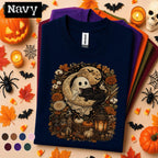 Cute Ghost Black Cat Halloween Shirt, Crescent Moon Spooky Tee, Vintage Autumn Floral, Cozy Witchy Fall Shirt, Cat Lover Gift