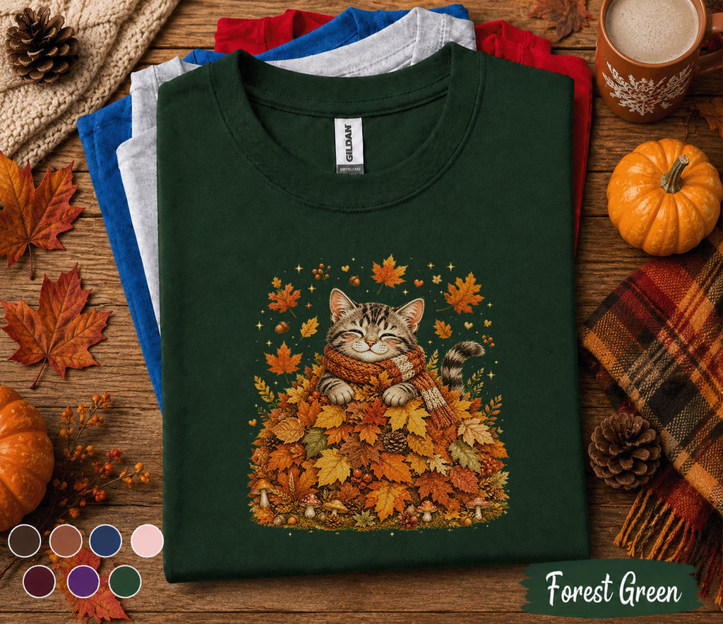 Cute Fall Cat Shirt, Cozy Autumn Kitten Tee, Sleeping Cat in Fall Leaves, Pumpkin Season Cat Lover Gift, Thanksgiving T-Shirt