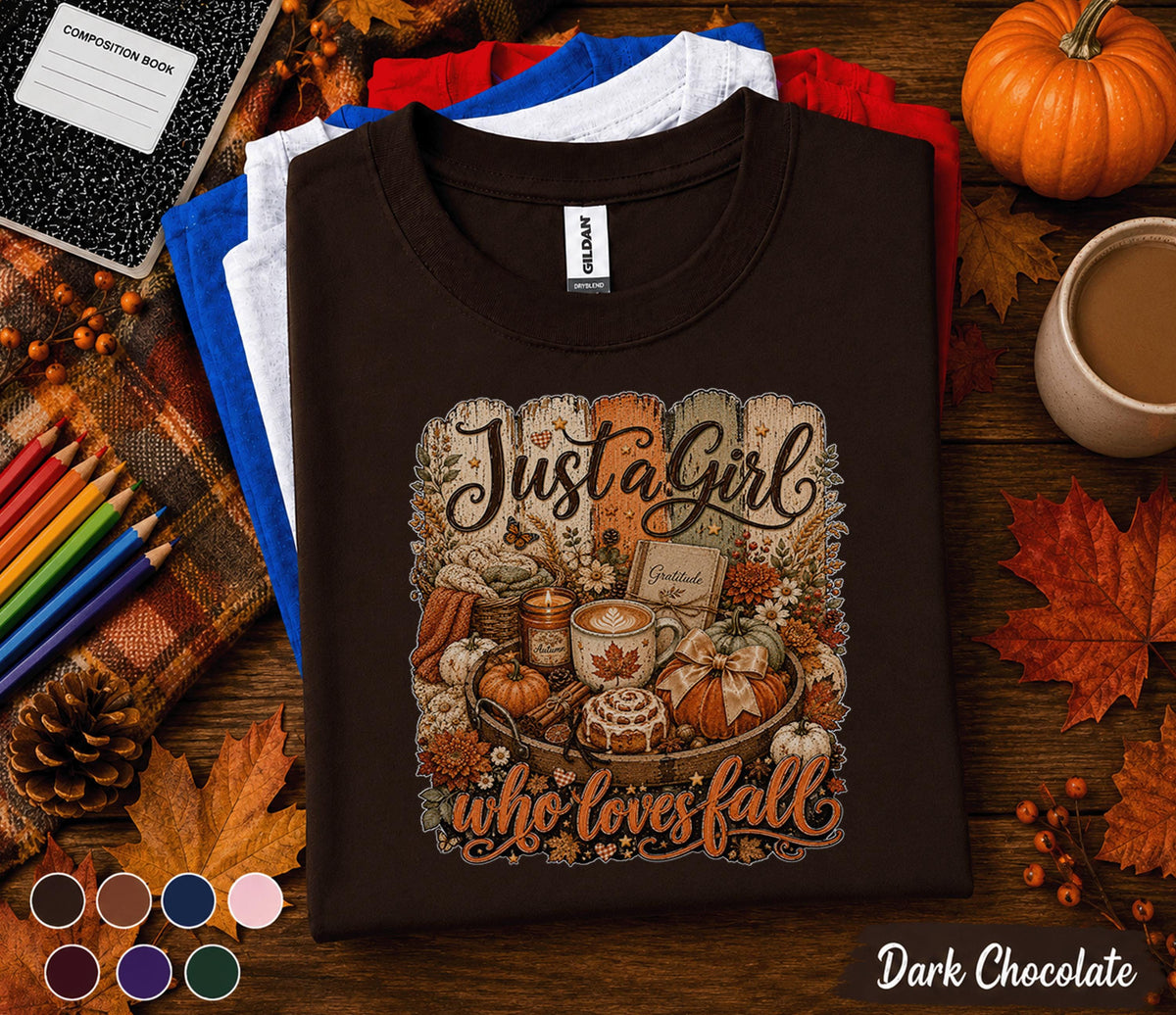 Just a Girl Who Loves Fall Shirt, Cozy Autumn Coffee Tee, Cute Pumpkin Lover Sweatshirt, Thanksgiving Fall Aesthetic Shirt