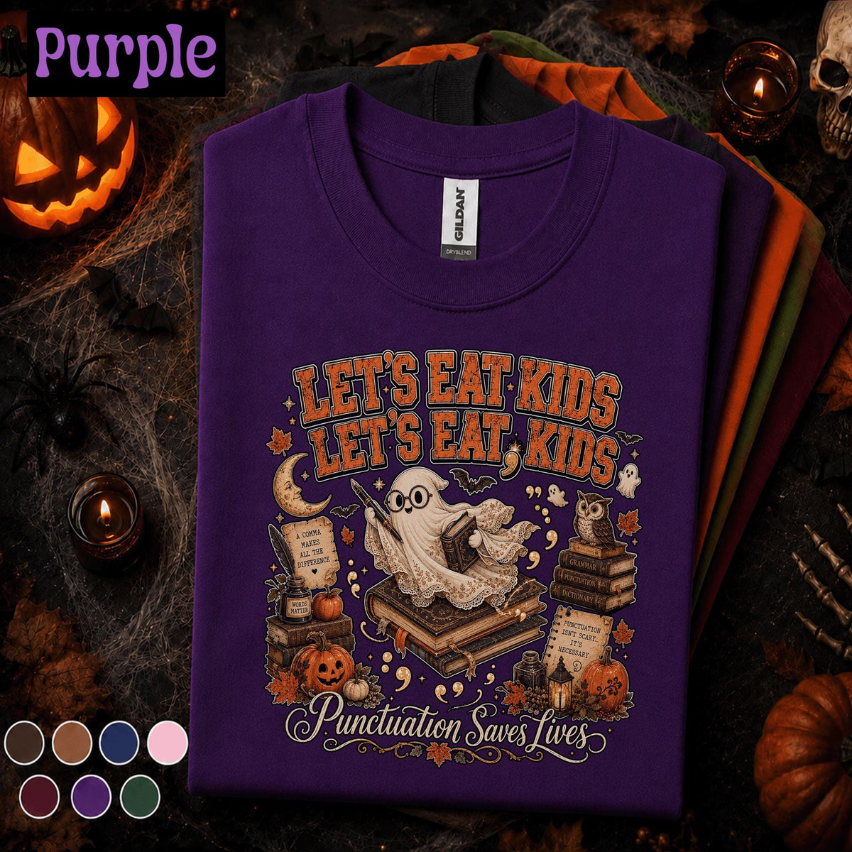 Funny English Teacher Halloween Shirt, Lets Eat Kids Punctuation Saves Lives Tee, Spooky Grammar Teacher Gift, Fall Classroom Educator Tee