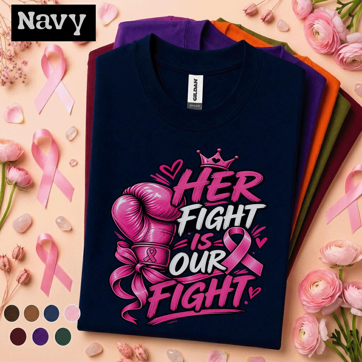 Breast Cancer Awareness Shirt, Her Fight Is Our Fight Tee, Pink Ribbon Boxing Glove Shirt, Support Squad Gift for Women Family Friends