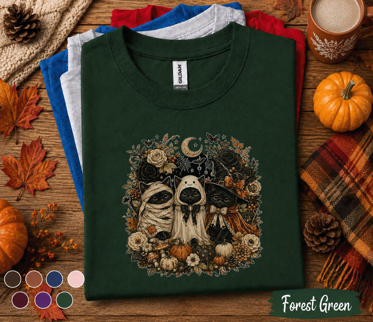 Cute Halloween Black Cat Shirt, Spooky Ghost Kitty Witch Tee, Autumn Pumpkin Cat Lover T-Shirt, Cute Fall Costume Gift for Women