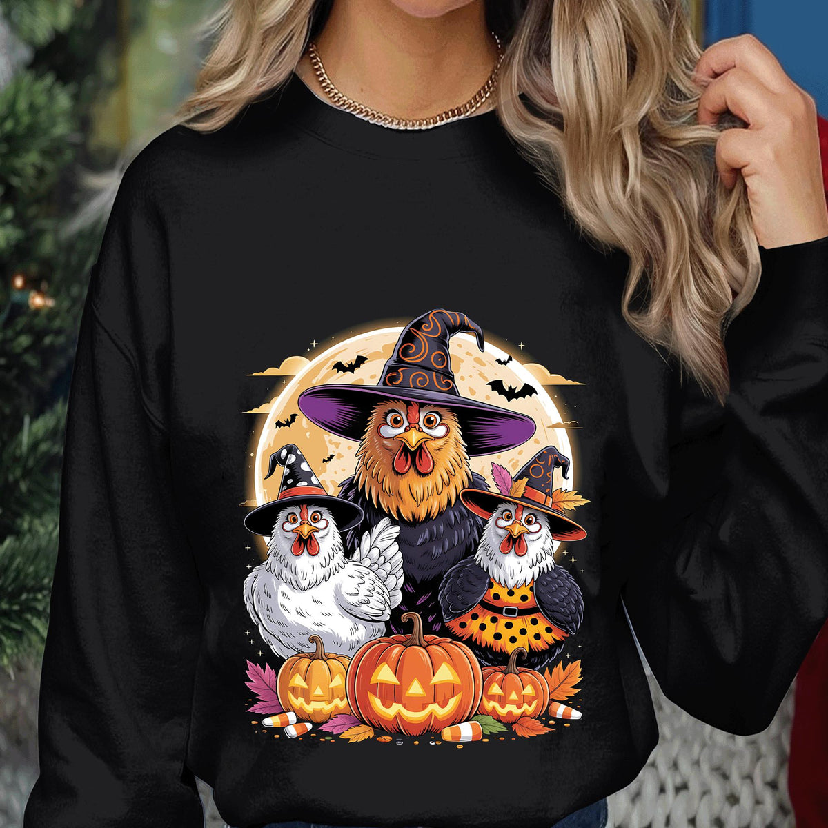 Chicken Family Halloween Shirt, Witch Hen with Pumpkins Tee, Spooky Farm Animal Costume Top, Funny Poultry Fall Harvest Halloween Gift