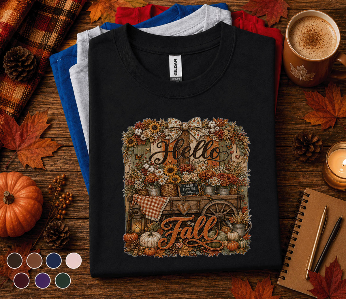 Hello Fall Shirt, Autumn Floral Wagon Tee