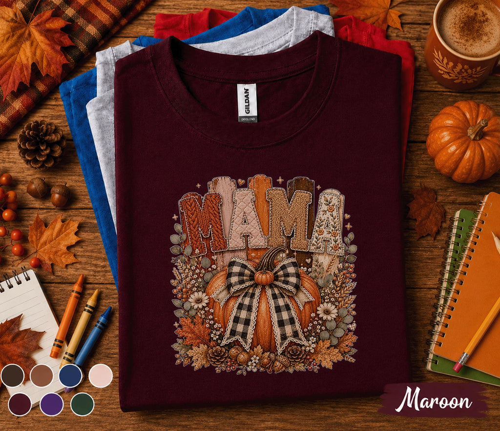 Mama Fall Shirt, Cozy Pumpkin Mama Sweatshirt, Autumn Harvest Floral Tee, Thanksgiving Mom Gift, Cute Rustic Pumpkin Bow Shirt for Women