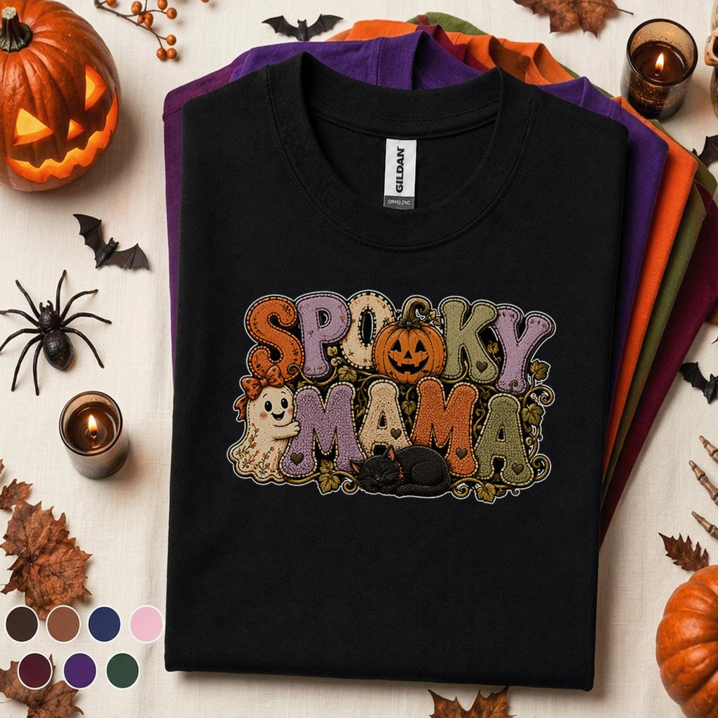 Spooky Mama Halloween Shirt, Cute Ghost Pumpkin Cat Tee