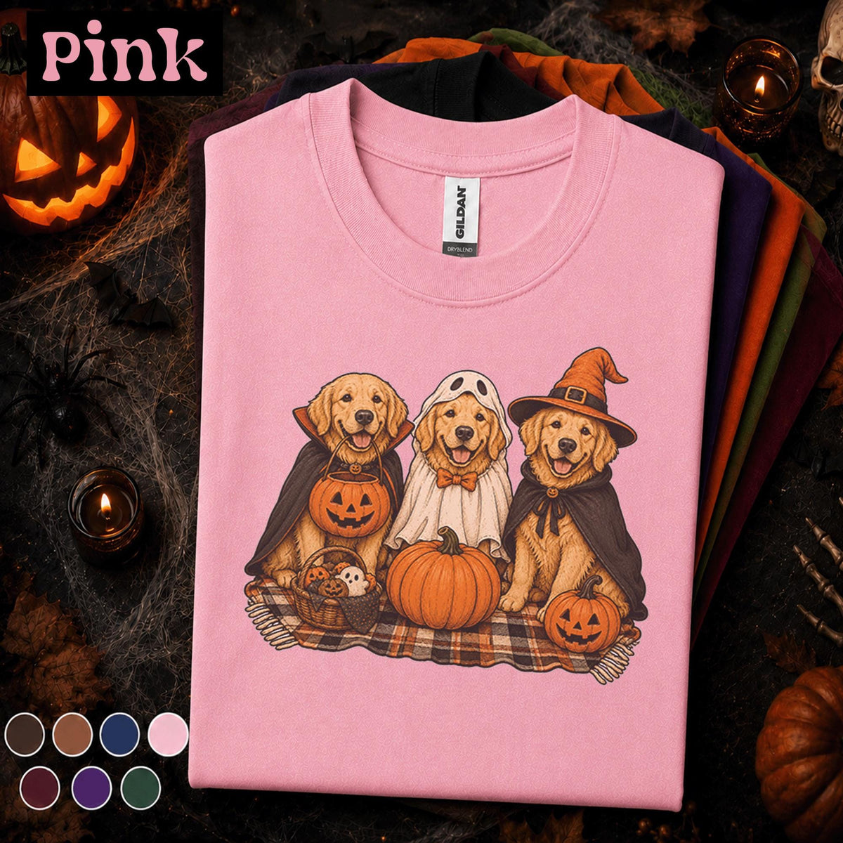 Golden Retriever Halloween Shirt, Three Dogs in Costumes Tee, Cute Ghost Witch Vampire Dog Shirt, Pumpkin Pet Lover Spooky Season Gift