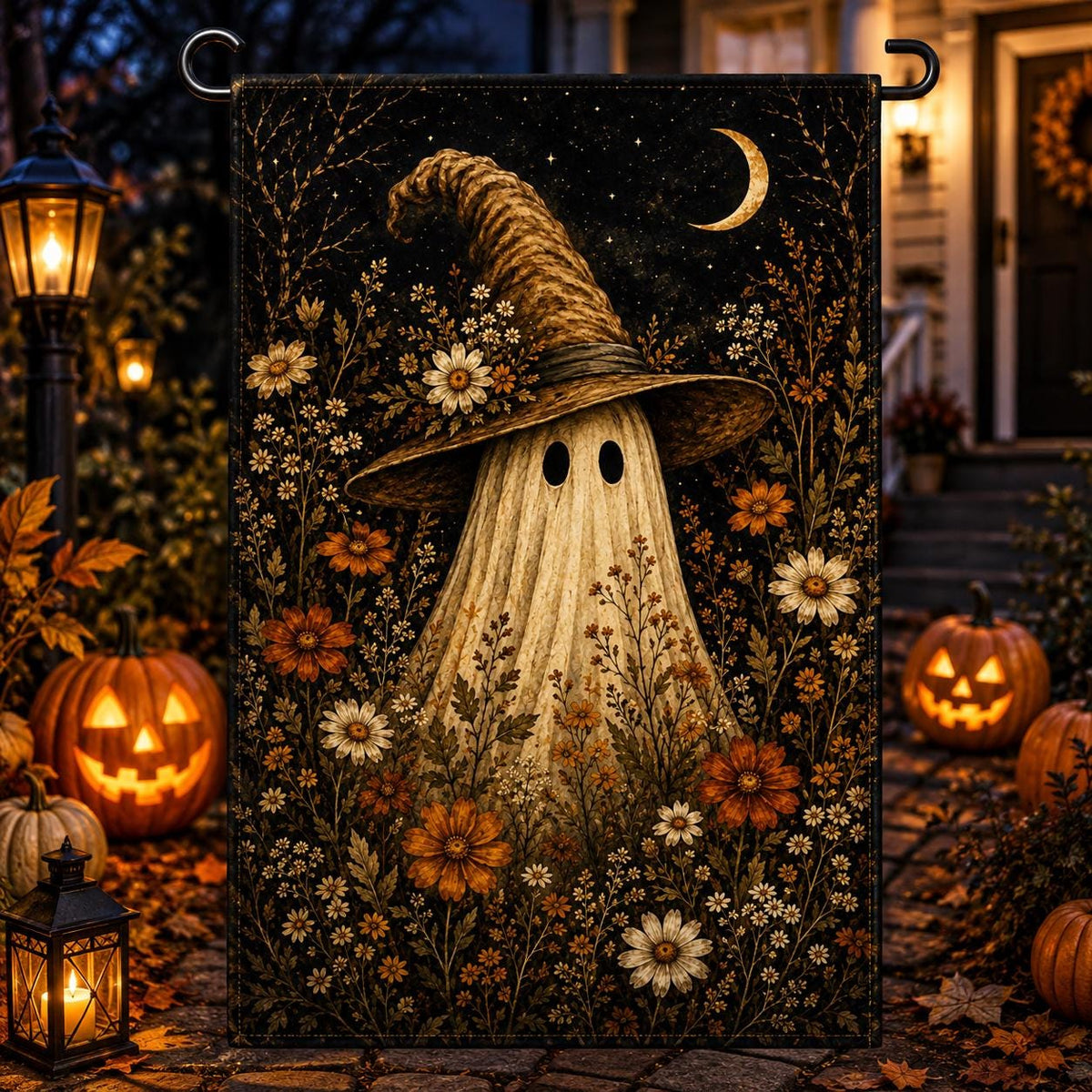 Ghost Witch Halloween Garden Flag, Floral Spooky Yard Decor