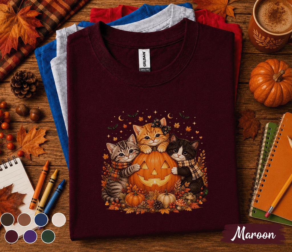 Cute Halloween Cat Fall Shirt, Pumpkin Kitten Fall Tee, Black Orange Gray Cats , Autumn Cat Lover Gift, Spooky Season T-Shirt