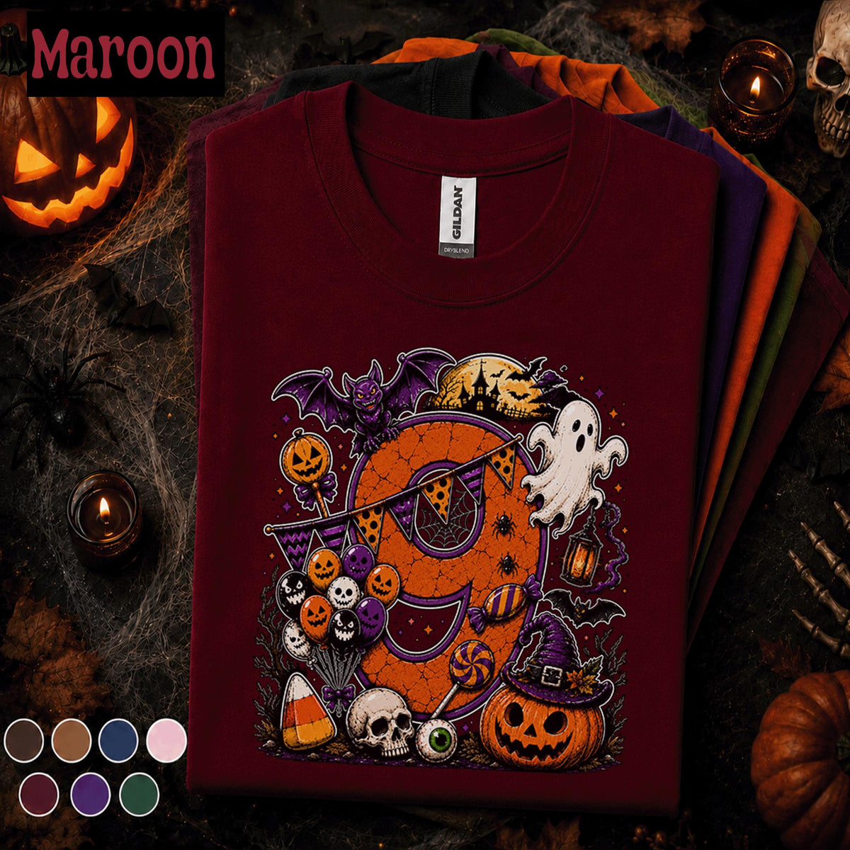 9th Birthday Halloween Shirt, Spooky Number 9 Tee, October Birthday Party Shirt, Ghost Pumpkin Witch Kids Halloween Birthday Gift Girls Boys