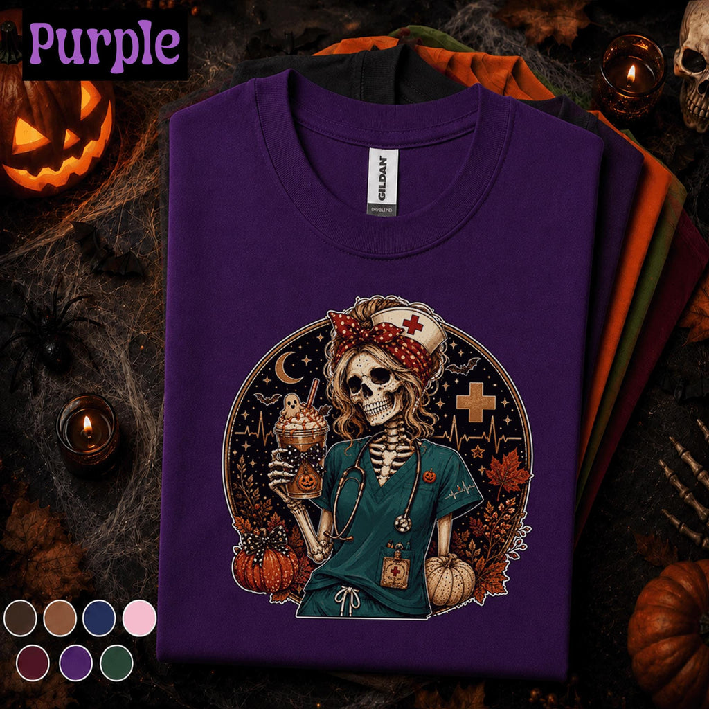Skeleton Nurse Halloween Shirt, Spooky Registered Nurse Tee, Pumpkin Coffee Nursing Gift, Cute Fall Healthcare Worker Halloween T Shirt