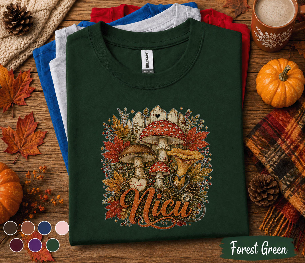 Fall NICU Nurse Shirt, Autumn Mushroom NICU Nurse Tee, Cute Nurse Gift, Cozy Healthcare Worker Sweatshirt, Registered Nurse Fall Medical