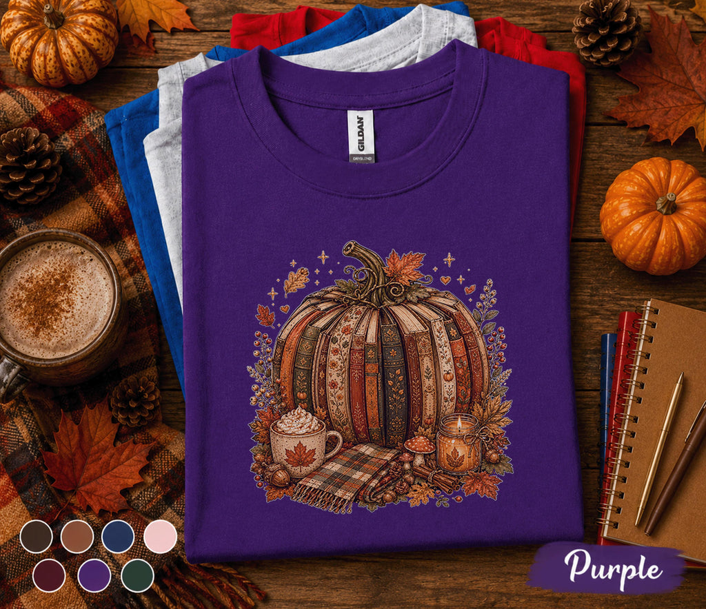Cozy Pumpkin Books Shirt, Autumn Book Lover Tee, Patchwork Pumpkin Fall T-Shirt, Cottagecore Thanksgiving Outfit, Pumpkin Spice Gift