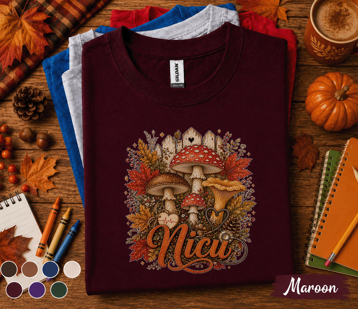 Fall NICU Nurse Shirt, Autumn Mushroom NICU Nurse Tee, Cute Nurse Gift, Cozy Healthcare Worker Sweatshirt, Registered Nurse Fall Medical
