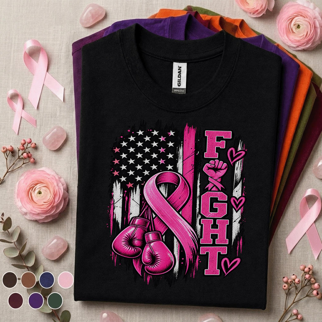 Breast Cancer Awareness Shirt, Fight Pink Ribbon Tee, Boxing Gloves Fighter Shirt, American Flag October Support Survivor Gift Women