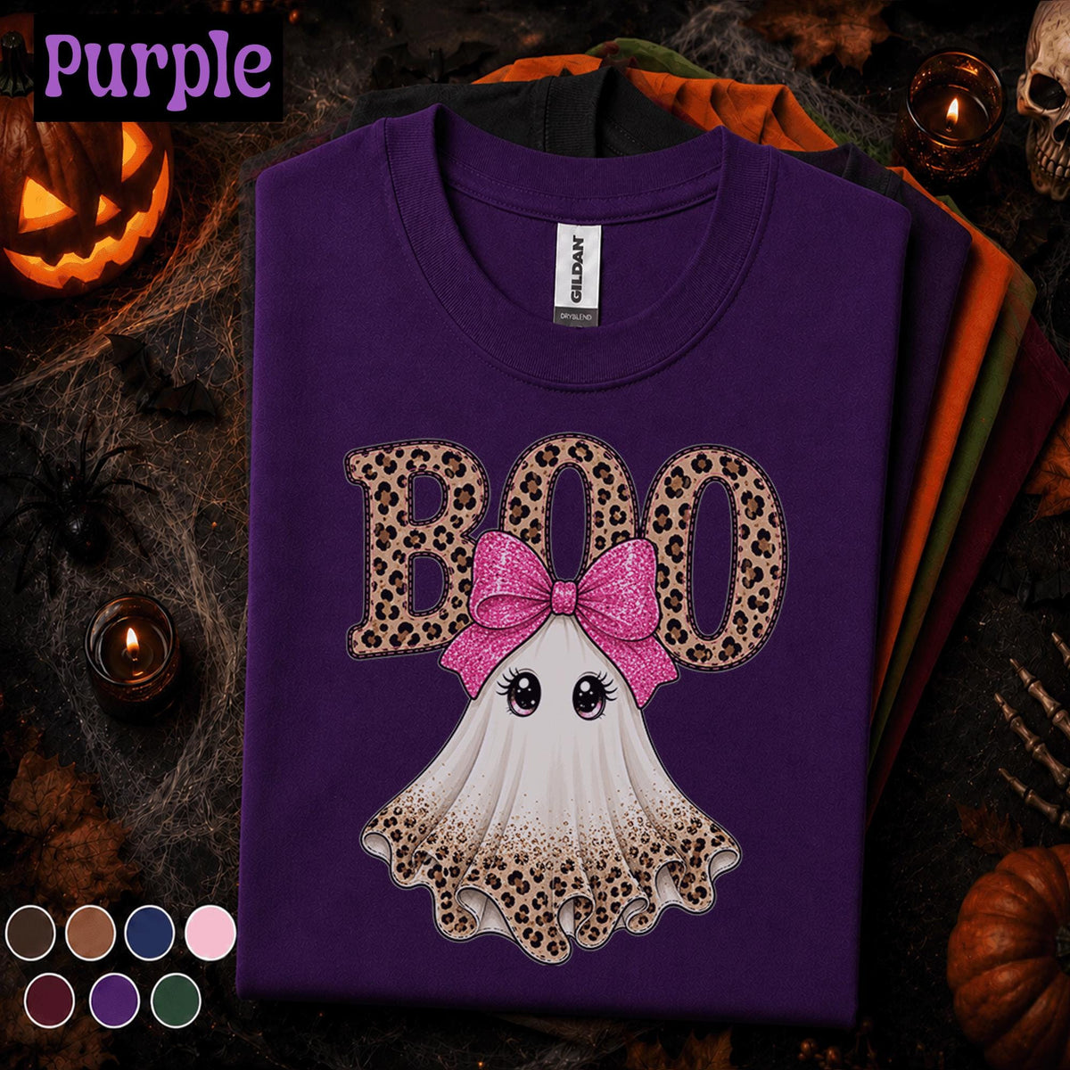 Boo Halloween Shirt, Cute Ghost Tee, Pink Bow Halloween Top, Leopard Print Ghost Shirt, Girly Spooky Season Tee, Fall Gift