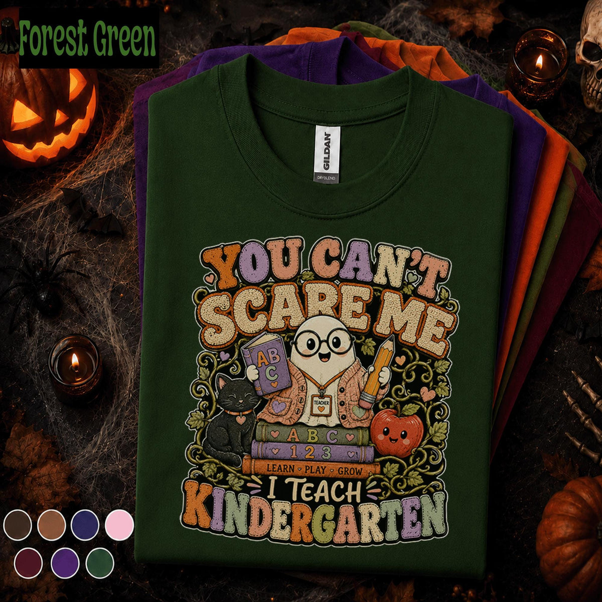 You Cant Scare Me I Teach Kindergarten Halloween Shirt, Funny Ghost Teacher Tee, Spooky Kindergarten Teacher Gift, Fall Classroom Tee