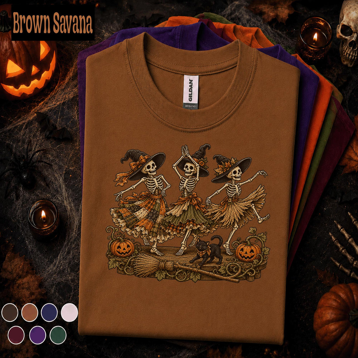 Dancing Skeleton Witch Halloween Shirt, Spooky Season T Shirt, Vintage Witchy Skeleton Tee, Pumpkin Black Cat, Gothic Fall Gift