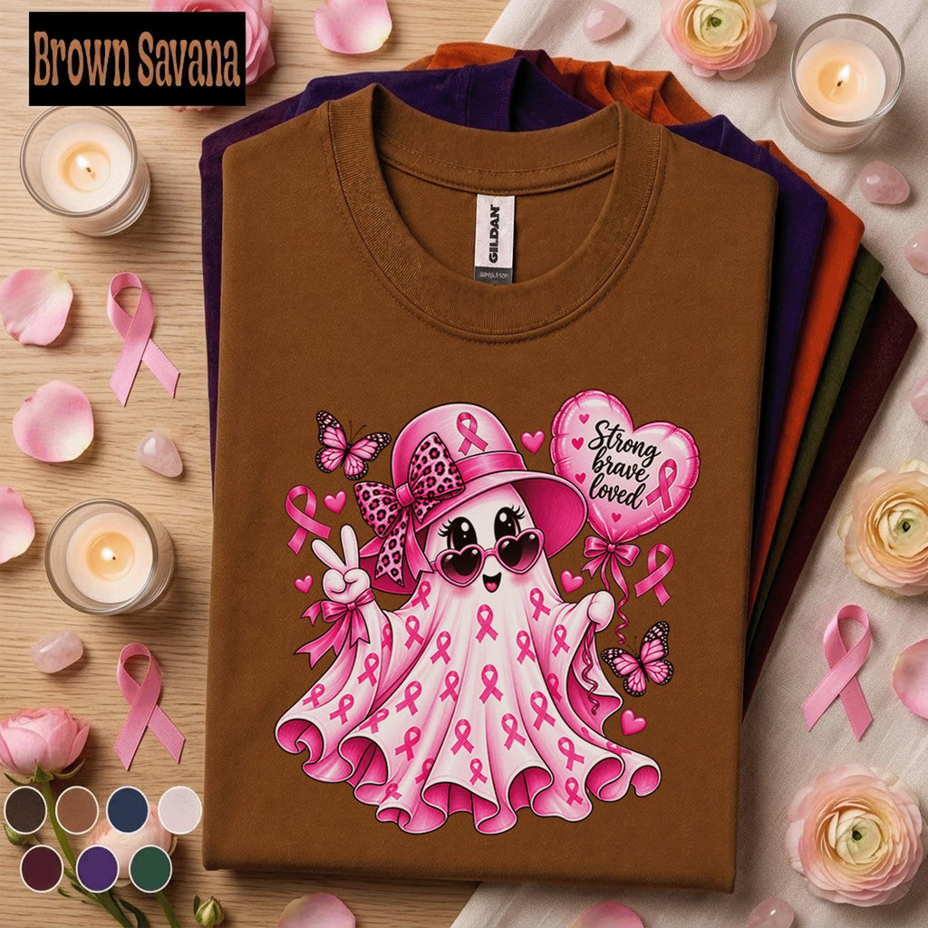 Breast Cancer Awareness Shirt, Pink Ribbon Ghost Tee, Strong Brave Loved Shirt, Cute Pink Out October Halloween Support Gift for Women