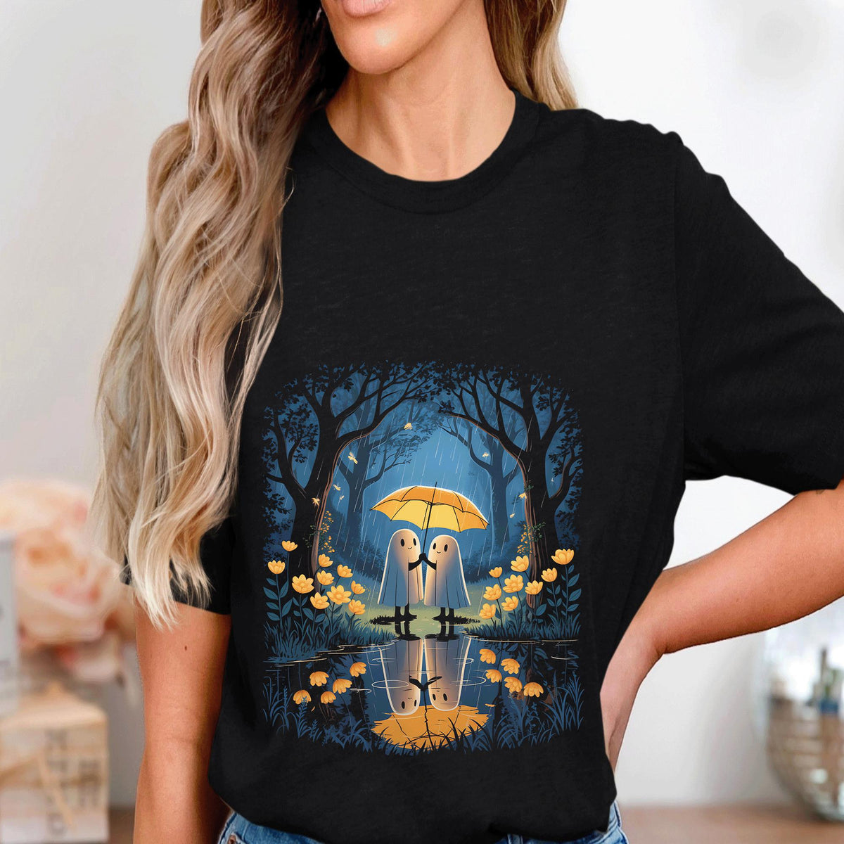 Romantic Ghost Couple Shirt, Cute Rainy Halloween Spirit Tee, Spooky Season Top, Couple Halloween Sweatshirt, Halloween Couple Shirt Gift