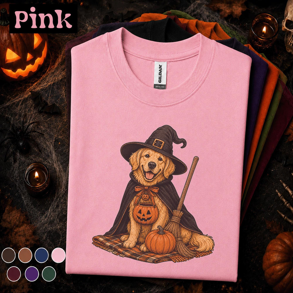 Golden Retriever Witch Halloween Shirt, Cute Spooky Dog Tee, Pumpkin Puppy Shirt, Dog Mom Halloween Gift, Vintage Fall Pet Lover Tee