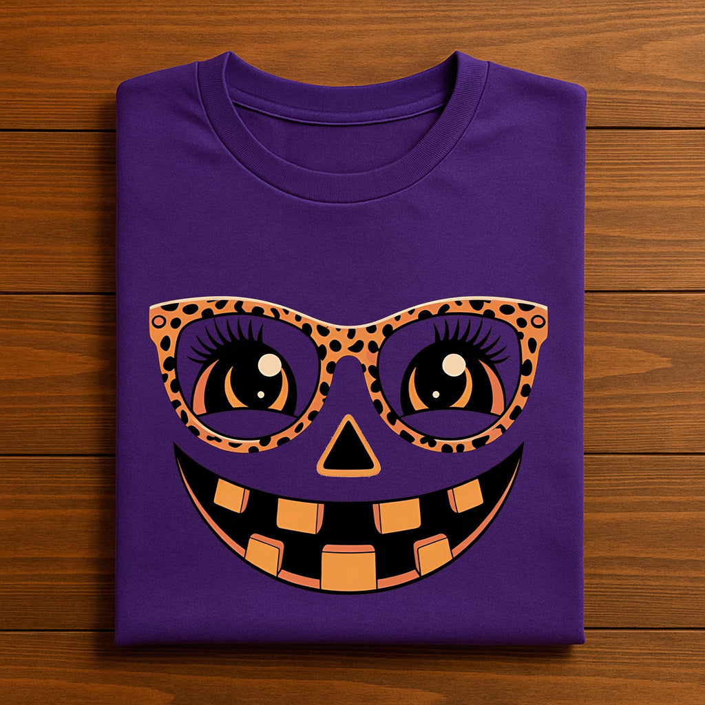 Leopard Pumpkin Face Shirt, Trendy Halloween Tee for Women, Cute Pumpkin Glasses Shirt, Fall Pumpkin T-Shirt, Jack O Lantern Shirt For Women
