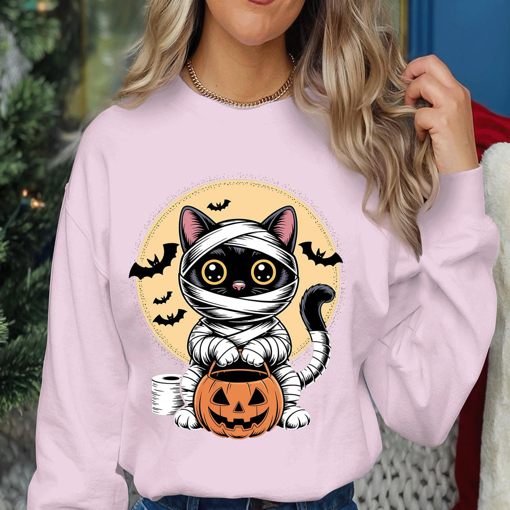 Cat Halloween mummy cat shirt, wrapped spooky cat with glowing eyes, creepy pumpkin basket bats, funny horror halloween costume Sweatshirt
