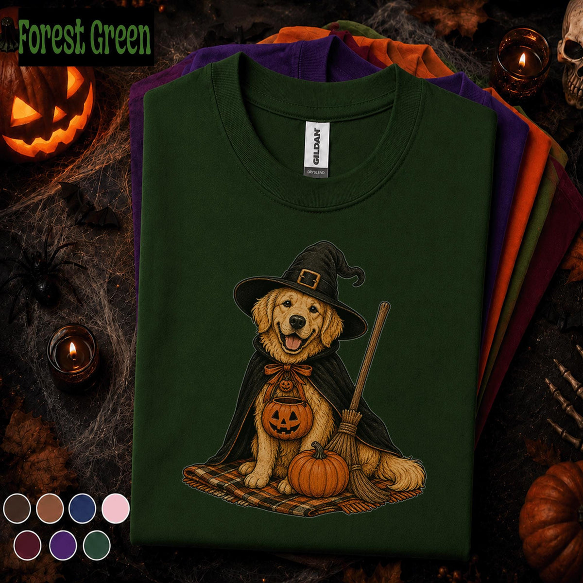 Golden Retriever Witch Halloween Shirt, Cute Spooky Dog Tee, Pumpkin Puppy Shirt, Dog Mom Halloween Gift, Vintage Fall Pet Lover Tee