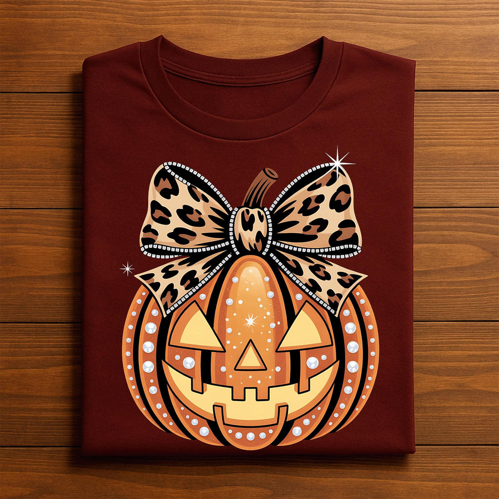 Cute Halloween Pumpkin Shirt With Leopard Bow, Pumpkin Face Sweatshirt