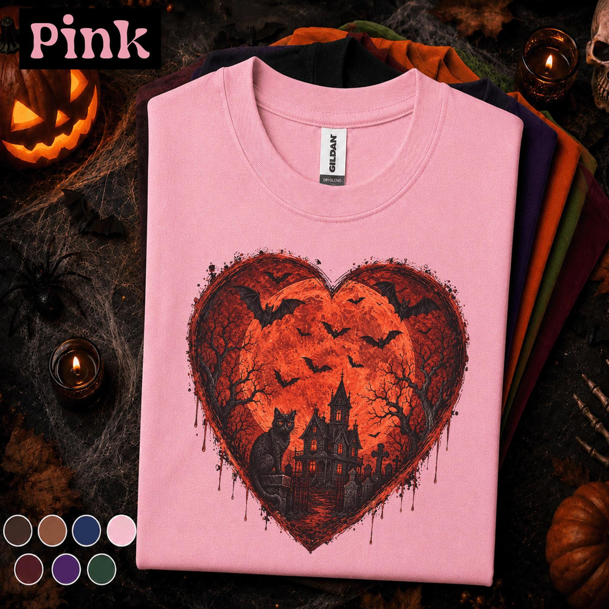 Gothic Halloween Shirt couple, Haunted House Black Cat Tee, Red Moon Bat Tshirt, Spooky Heart Halloween Gift, Dark Goth Shirt