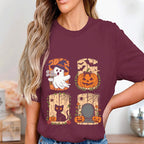 Halloween Ghost Pumpkin Cat Shirt, Cute Spooky Haunted Graveyard Tee with Ghosts Bats Pumpkins, Halloween Sweatshirt, Women Halloween Shirt