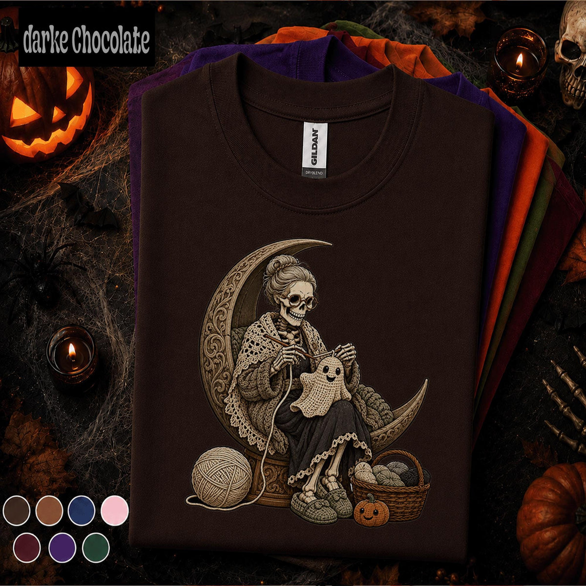 Skeleton Crochet Halloween Shirt, Gothic Yarn Lover Tee, Spooky Crochet Ghost Gift, Crescent Moon Knitting Shirt, Witchy Fiber Art Tee