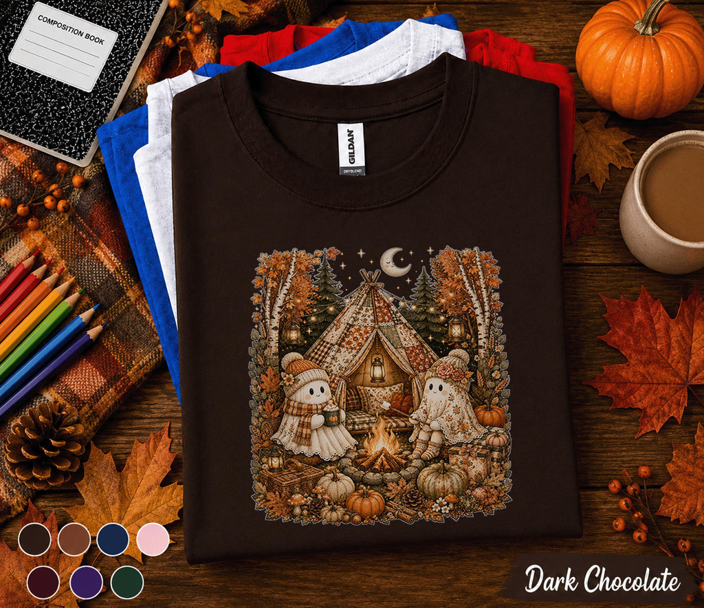 Cute Ghost Camping Fall Shirt, Cozy Autumn Campfire Ghost Sweatshirt, Halloween Glamping Tee, Pumpkin Camp Shirt, Spooky Season Nature Gift