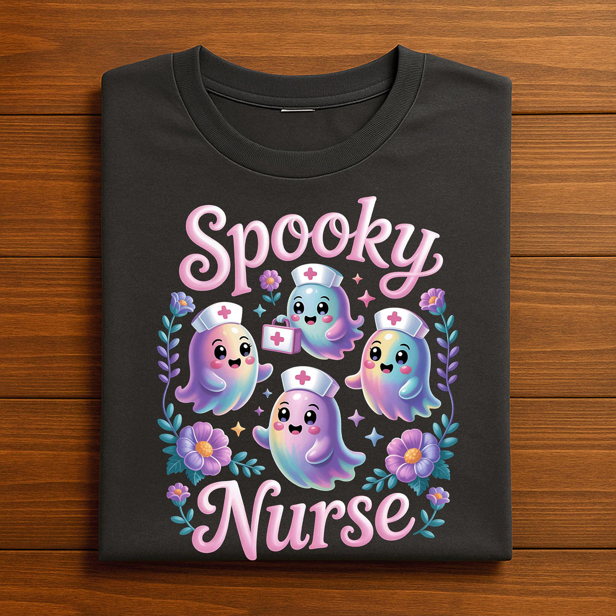 Spooky Nurse Halloween Shirt, Cute Pastel Ghost Nurses with Floral Accents, Funny Medical Costume Tee for Nurses and Healthcare Workers Gift