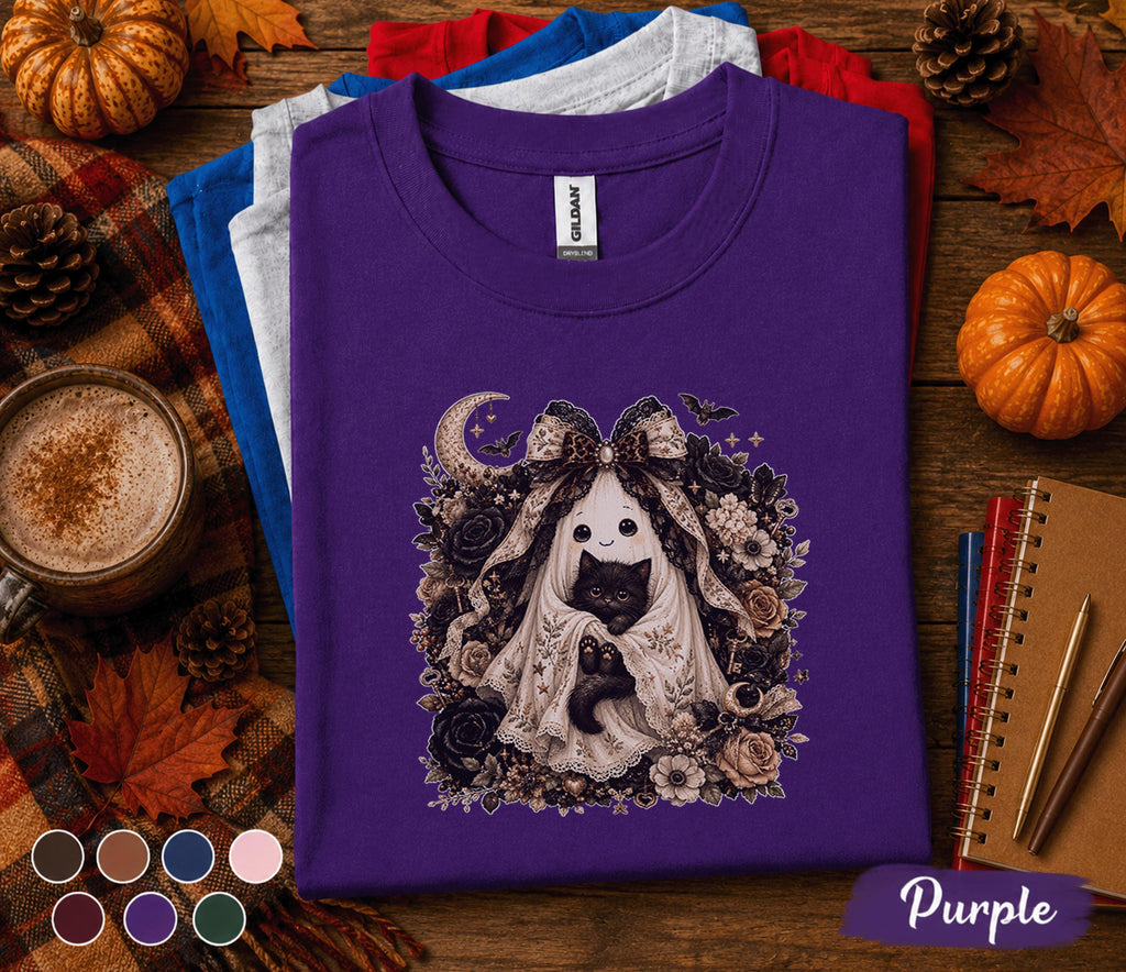 Cute Ghost Cat Halloween Shirt, Black Kitten Boo Tee, Spooky Floral Ghost T-Shirt, Gothic Autumn Cat Lover Gift, Witchy Fall Shirt