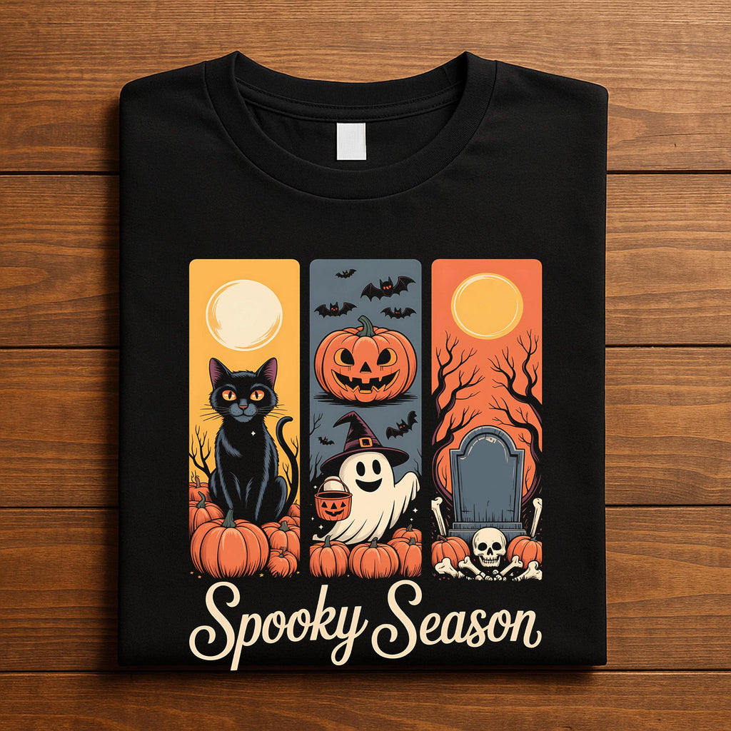 Gift Spooky Season Shirt, Fall Womens Halloween Tee with Cat Pumpkin Ghost, Gothic Graveyard T-Shirt, Women Spooky Halloween Shirt For Girls
