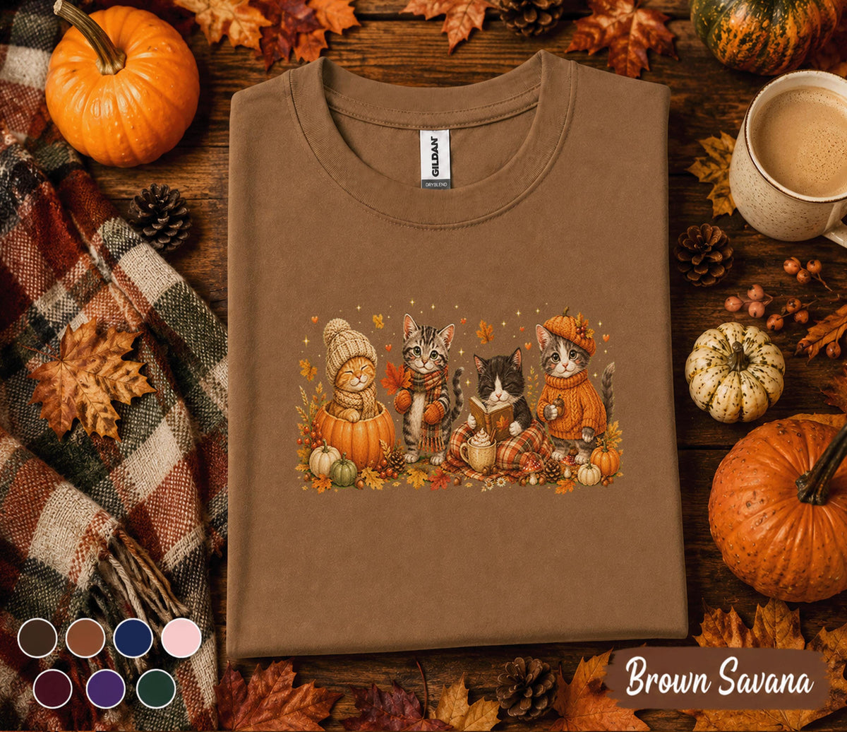 Cute Fall Cats Shirt, Autumn Kitten Pumpkin Tee, Cozy Thanksgiving Cat Lover Gift, Pumpkin Spice Season Unisex T-Shirt