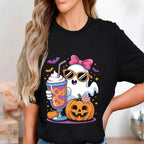 Kawaii Ghost Shirt with Pumpkin and Drink, Cute Spooky Season Tee, Pastel Halloween Aesthetic Sweatshirt Gift, Women Halloween Shirt Girls