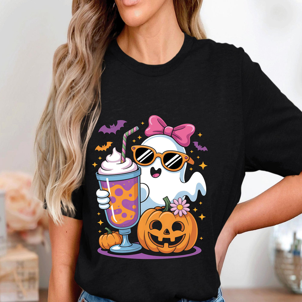 Kawaii Ghost Shirt with Pumpkin and Drink, Cute Spooky Season Tee, Pastel Halloween Aesthetic Sweatshirt Gift, Women Halloween Shirt Girls