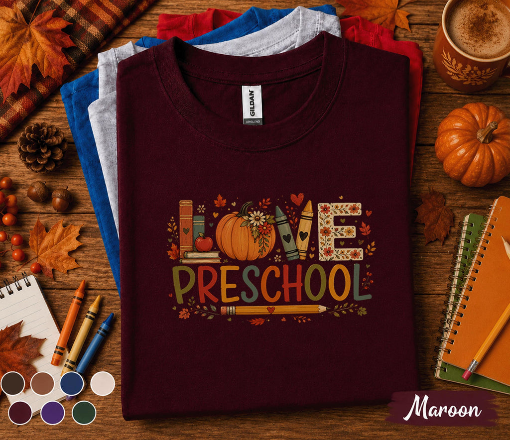 Love Preschool Teacher Shirt, Fall Preschool Pumpkin Tee, Cute Autumn Classroom, Back to School Teacher Gift T-Shirt