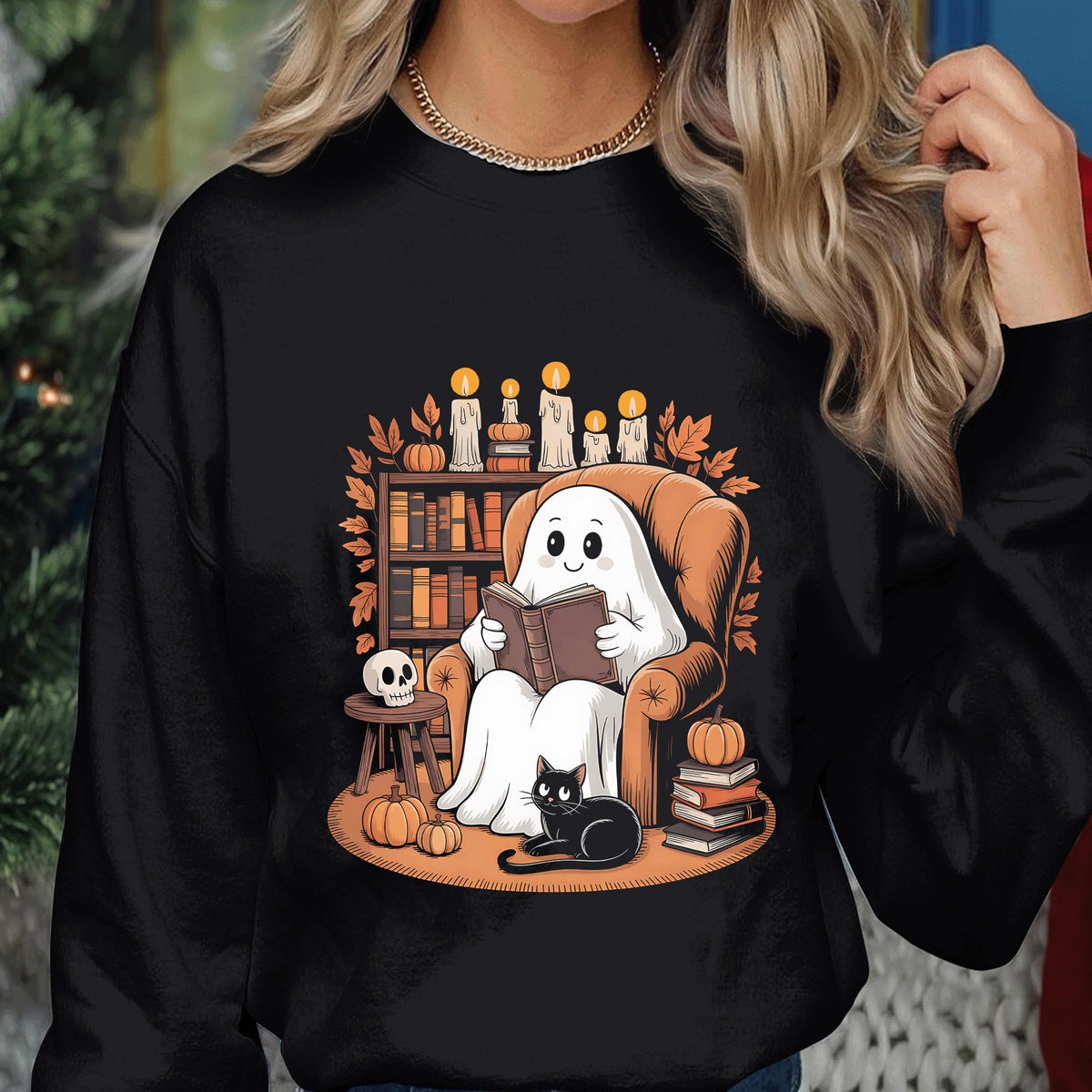 Halloween ghost reading book shirt, Halloween Teacher Shirt, Library Halloween Shirt, Ghost Teacher Halloween Sweatshirt, spooky Teacher cat