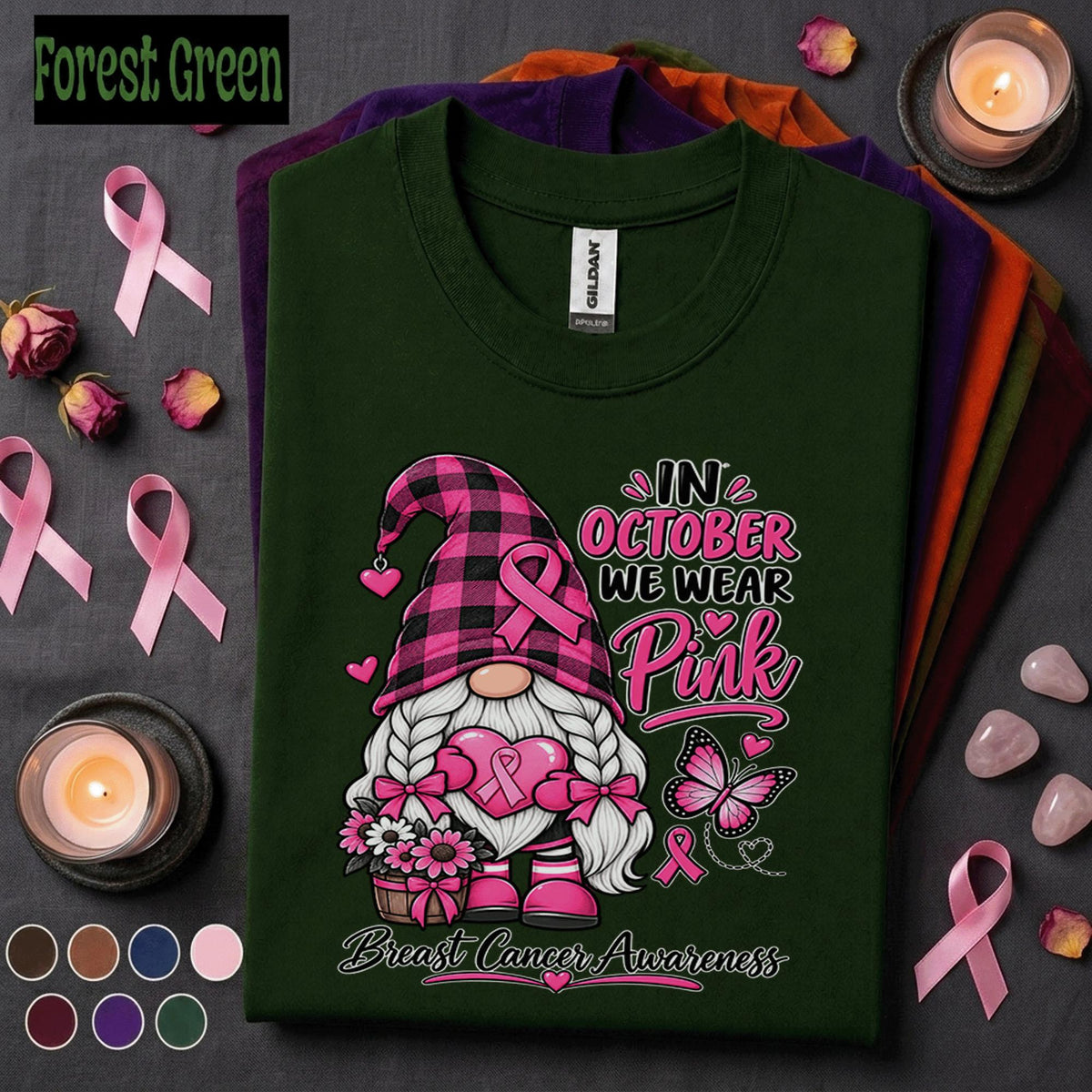 Breast Cancer Awareness Shirt, In October We Wear Pink Gnome Tee, Pink Ribbon Support Shirt, Cancer Warrior Gift, Fall Awareness T Shirt