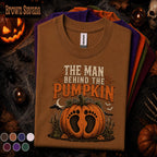 The Man Behind The Pumpkin Halloween Shirt, Funny Dad Halloween Tee, Pregnancy Reveal Shirt, New Dad Pumpkin Fall Announcement Gift Tee