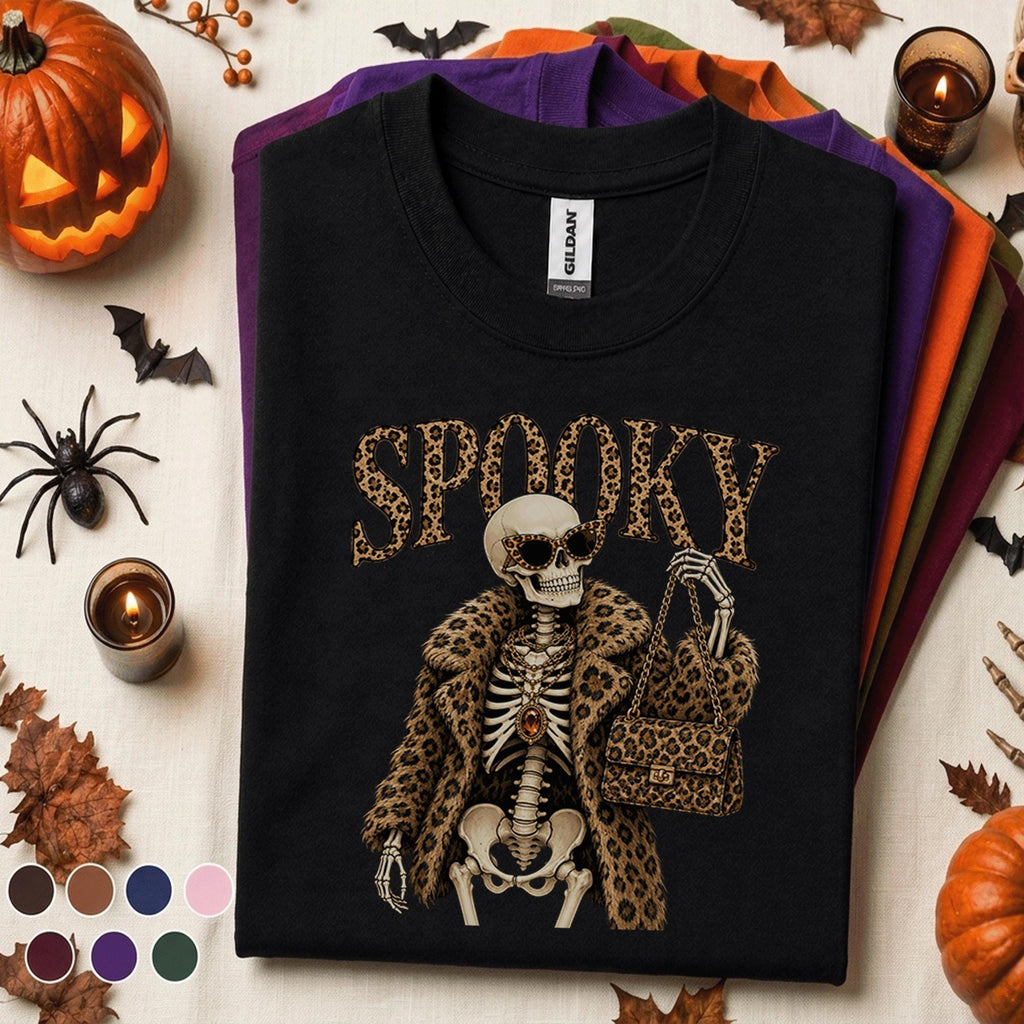 Spooky Skeleton Halloween Shirt, Leopard Print Skeleton Tee