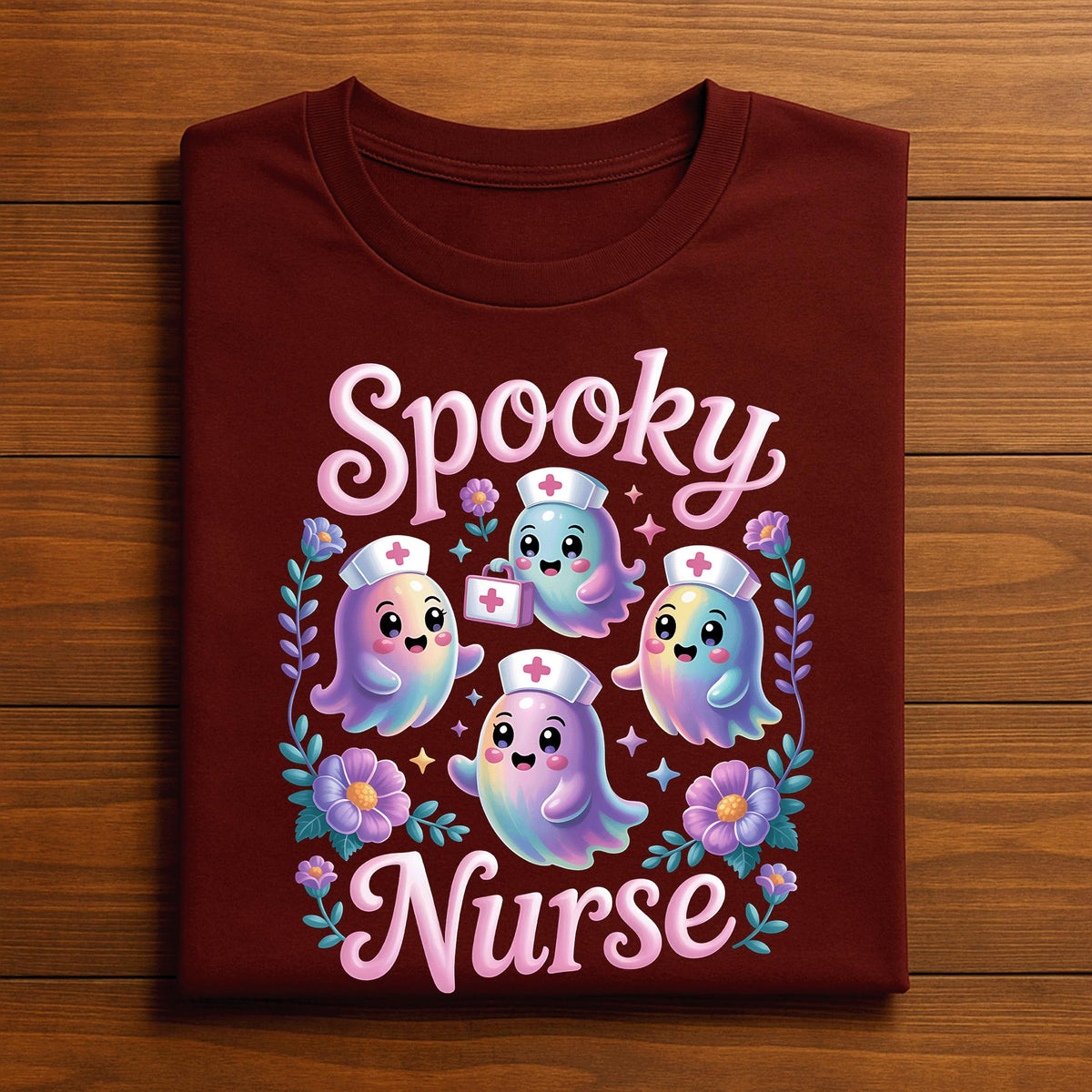 Spooky Nurse Halloween Shirt, Cute Pastel Ghost Nurses with Floral Accents, Funny Medical Costume Tee for Nurses and Healthcare Workers Gift